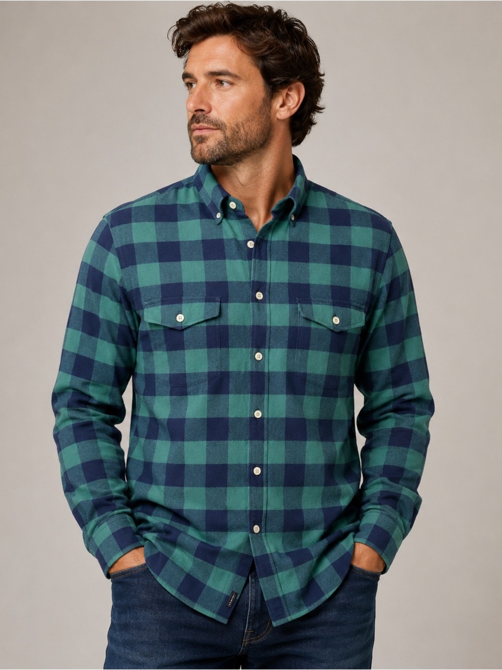 UNTUCKit XL Blue Green Buffalo Plaid Flannel Button Front Shirt Wrinkle Free